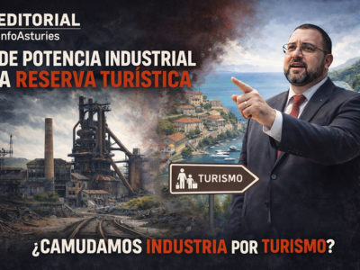 Illustración editorial que contrapón la Asturies industrial y el modelu turísticu, con Adrián Barbón y referencia a FITUR.