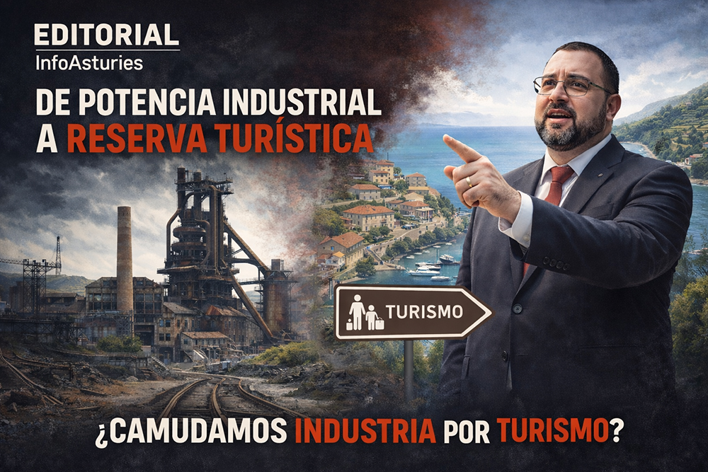 Illustración editorial que contrapón la Asturies industrial y el modelu turísticu, con Adrián Barbón y referencia a FITUR.