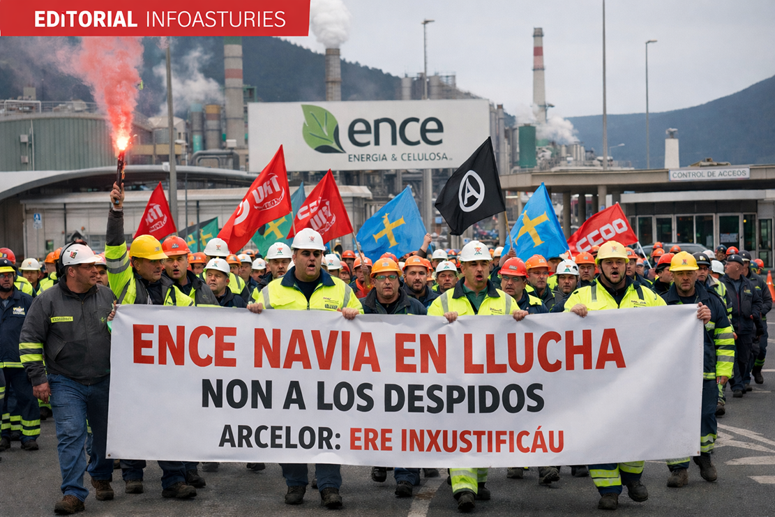 Protesta de trabayadores d’ENCE Navia contra los despidos, con referencia editorial a los ERE d’Arcelor n’Asturies.