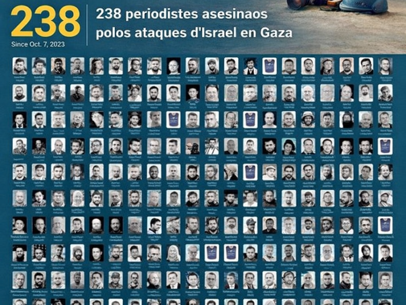 Composición editorial d’Infoasturies con 238 retratos de periodistes asesinaos polos ataques d’Israel en Gaza, denuncia del ataque a la llibertá d’información.