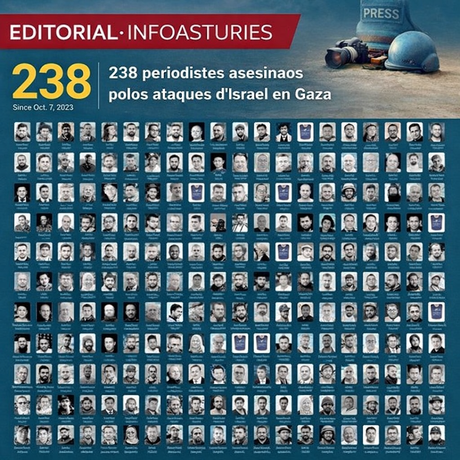 Composición editorial d’Infoasturies con 238 retratos de periodistes asesinaos polos ataques d’Israel en Gaza, denuncia del ataque a la llibertá d’información.