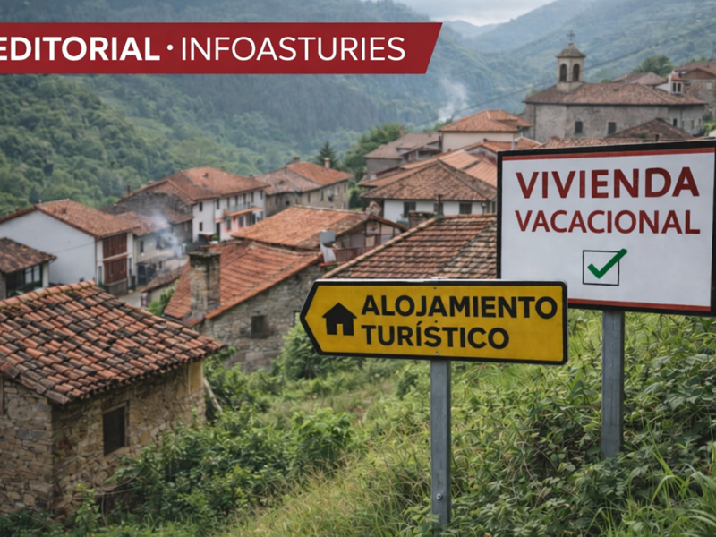 Cartelos de vivienda vacacional y agospiamientu turísticu nun pueblu d’Asturies, exemplu del impautu del turismu na despoblación de los pueblos