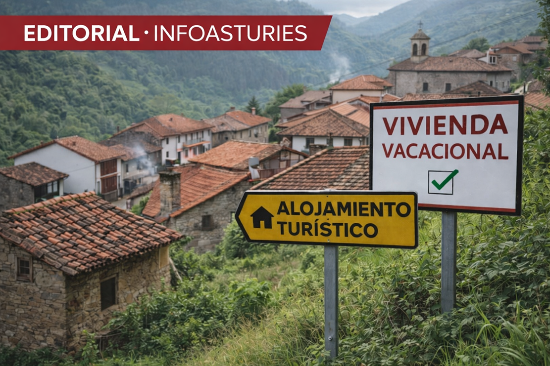 Cartelos de vivienda vacacional y agospiamientu turísticu nun pueblu d’Asturies, exemplu del impautu del turismu na despoblación de los pueblos