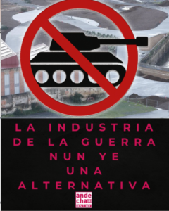 Cartelu d’Andecha Astur escontra la industria militar, con símbolu antibelicista sobre un espaciu industrial d’Asturies