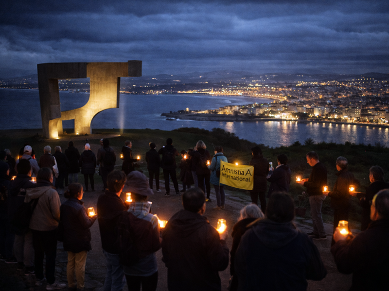Actu simbólicu con lluz en Santa Catalina, Xixón, en defensa de los derechos de les persones migrantes