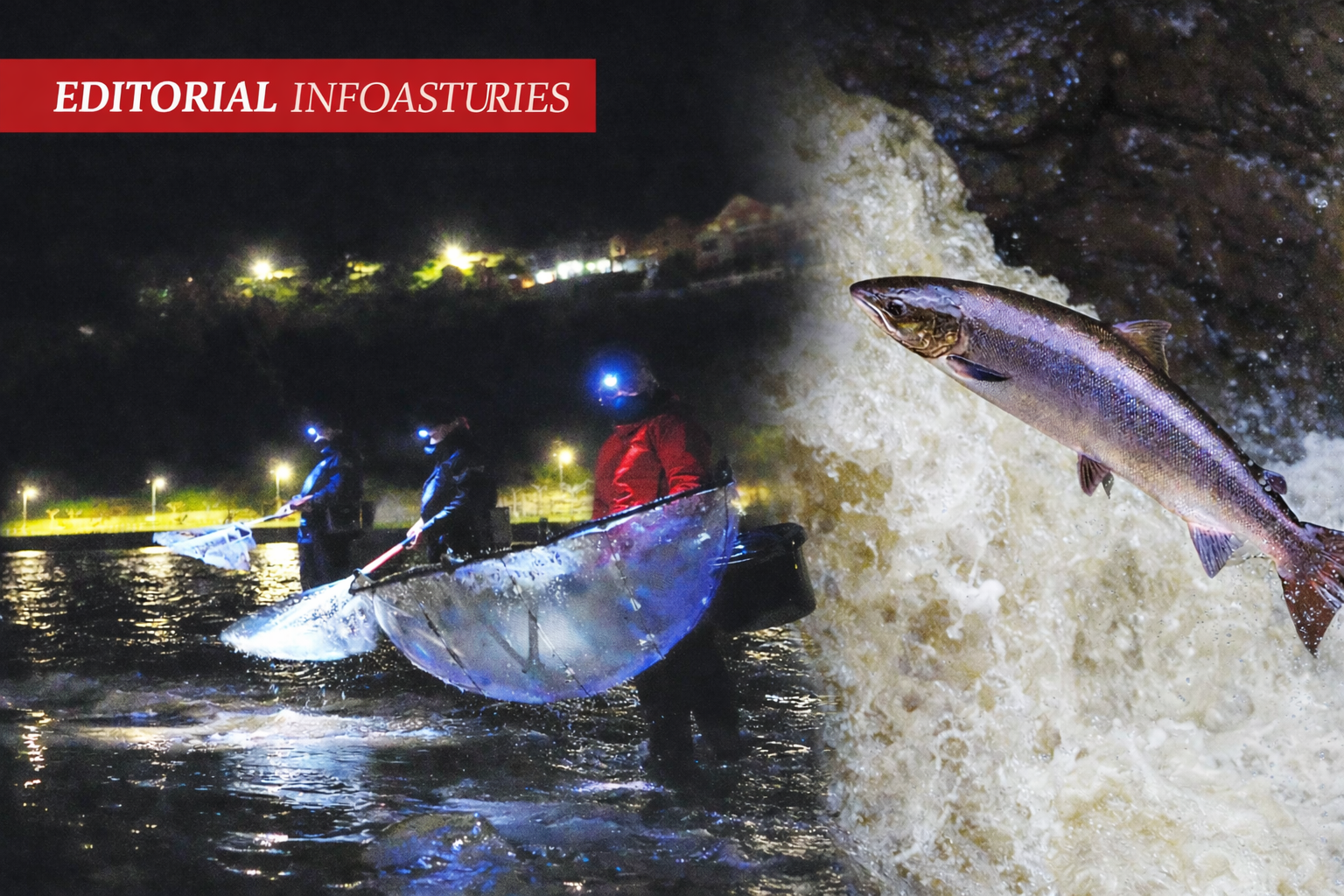 Pesca nocturna d’angula nun ríu d’Asturies y salmón atlánticu saltando una presa, exemplu del conflictu ente pesca autorizada y protección ambiental