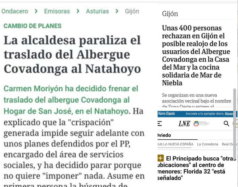 Composición de titulares sobre’l realoxu del Albergue Covadonga y el centru de menores de La Florida