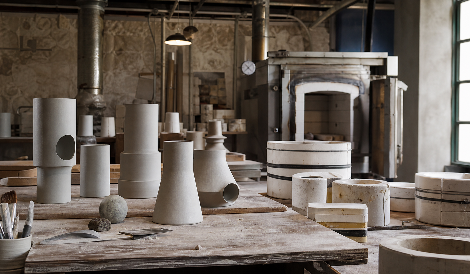 Piezas y ferramientes nun taller de cerámica contemporánea