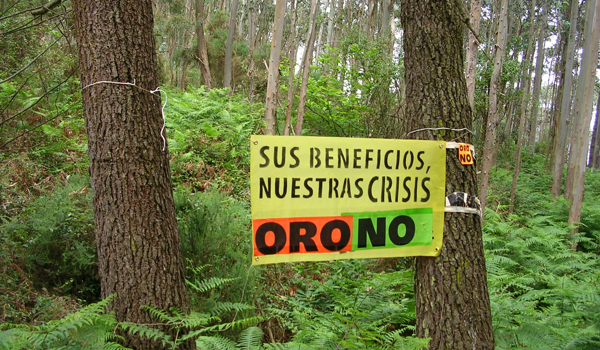 Cartelu col mensaxe «Oro No» colocáu ente árboles nun monte de Salave.