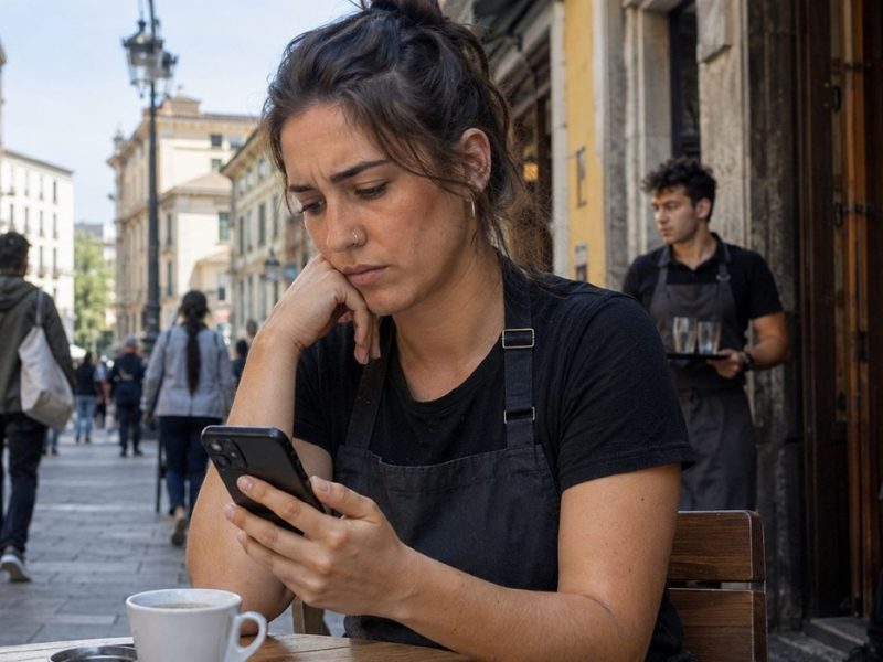 Trabayadora d’hostelería consulta’l teléfonu móvil nuna terraza, con otros trabajadores al fondu.