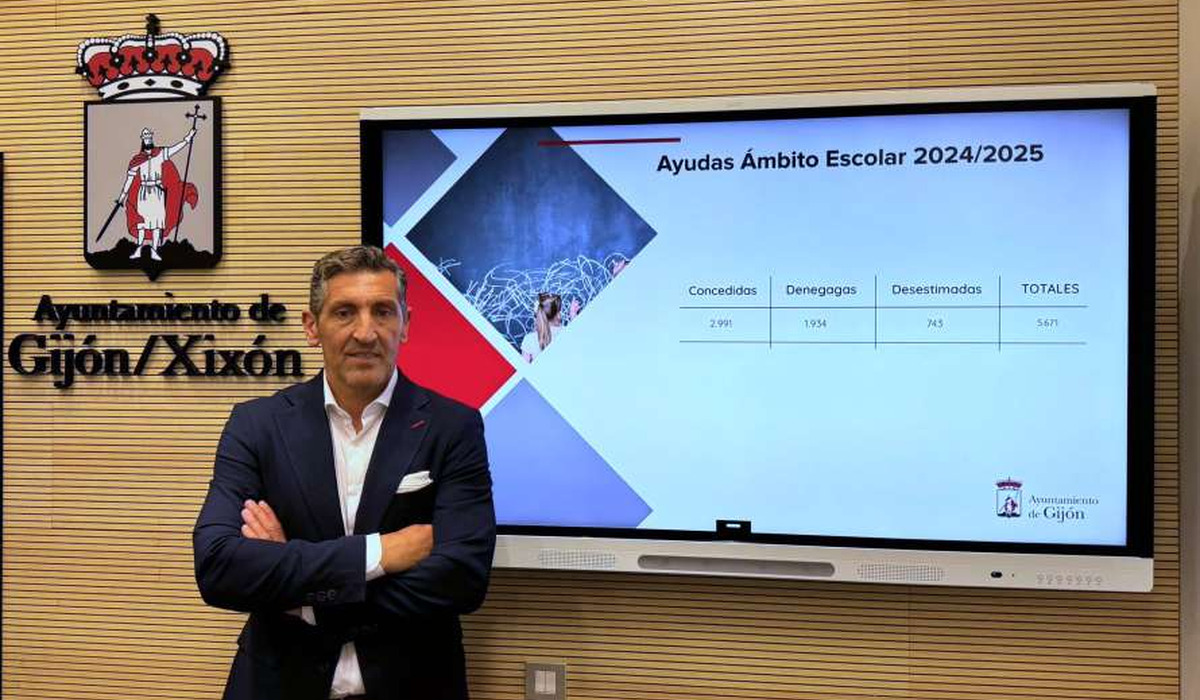 Conceyal d’Educación del Conceyu de Xixón delantre d’una pantalla con información sobre ayudes escolares.