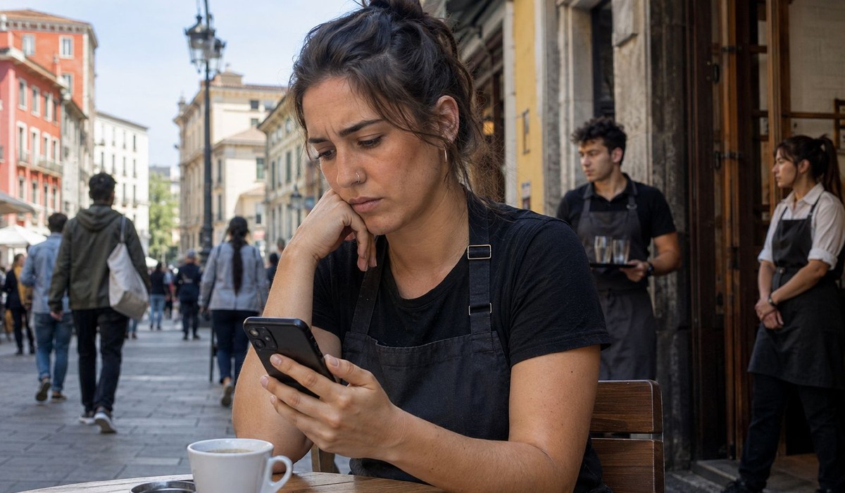 Trabayadora d’hostelería nun espaciu urbanu d’Asturies consultando’l teléfonu móvil.