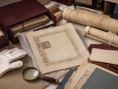 Ilustración editorial de documentos históricos y mapes del Archivu de Revillagigedo