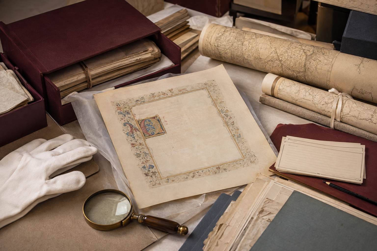 Ilustración editorial de documentos históricos y mapes del Archivu de Revillagigedo