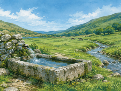 Ilustración editorial d’un bebederu de piedra, un regueru y vaques al fondu d’una pradería.