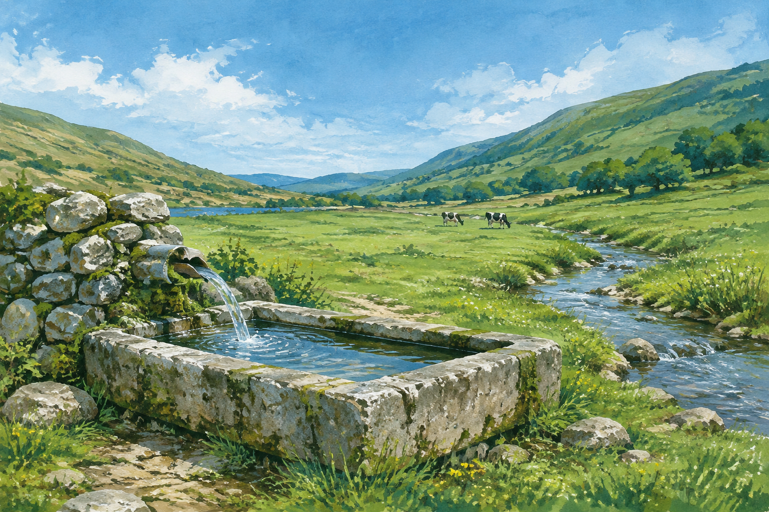 Ilustración editorial d’un bebederu de piedra, un regueru y vaques al fondu d’una pradería.