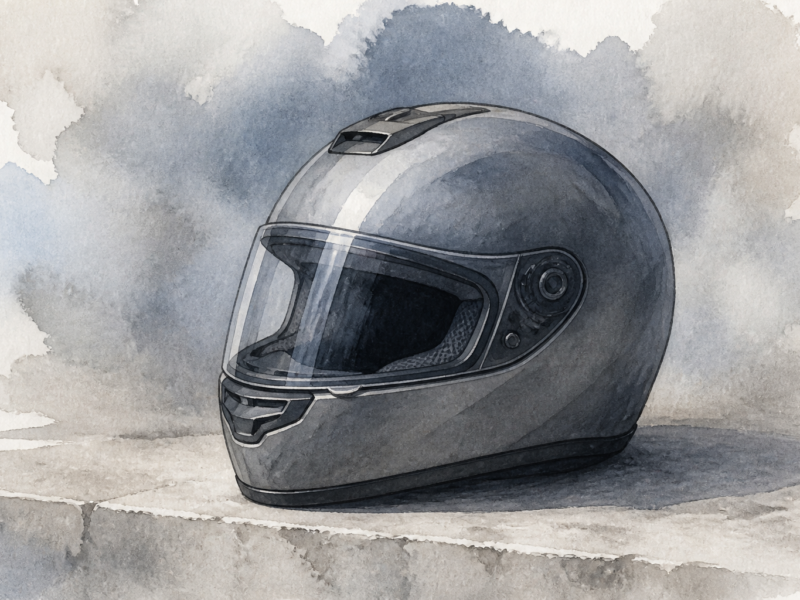 Ilustración contextual d’un cascu de moto intactu sobre una superficie de piedra