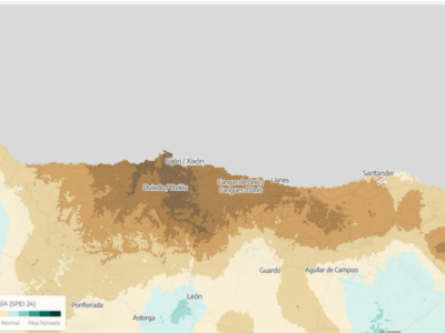Mapa del índiz de seca SPEI-24 n’Asturies y la cornisa cantábrica, ensin fecha visible