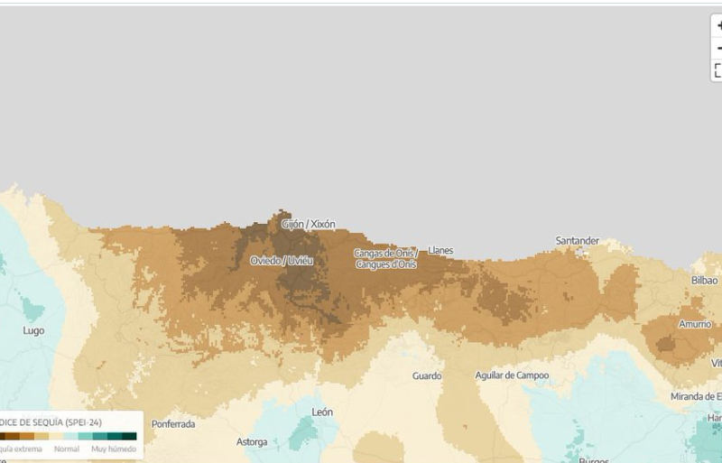 Mapa del índiz de seca SPEI-24 n’Asturies y la cornisa cantábrica, ensin fecha visible