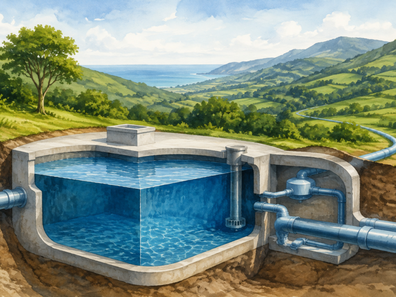 Ilustración conceptual d’un depósitu d’agua seccionáu y les sos tuberíes nun paisaxe verde.