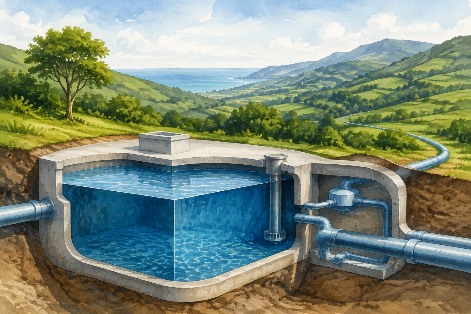 Ilustración conceptual d’un depósitu d’agua seccionáu y les sos tuberíes nun paisaxe verde.