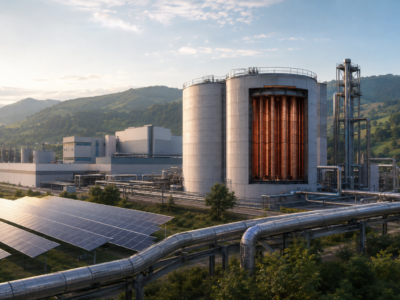 Ilustración editorial d’una planta industrial con enerxía solar y almacenamientu térmicu en Llangréu