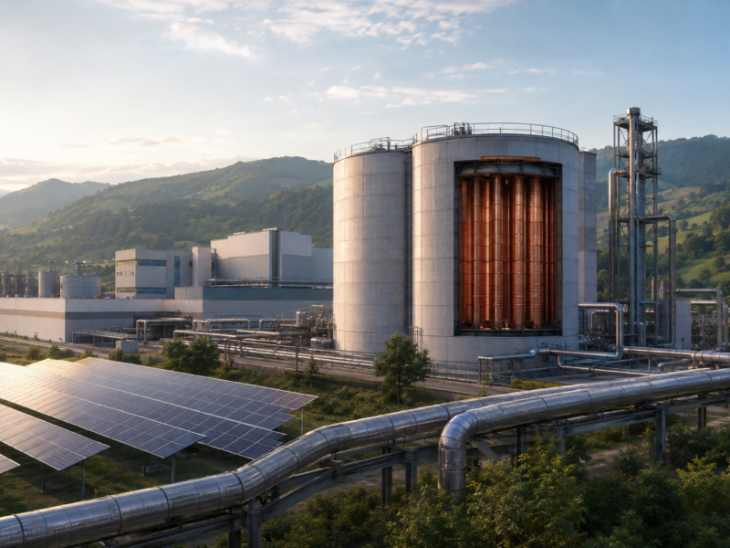 Ilustración editorial d’una planta industrial con enerxía solar y almacenamientu térmicu en Llangréu