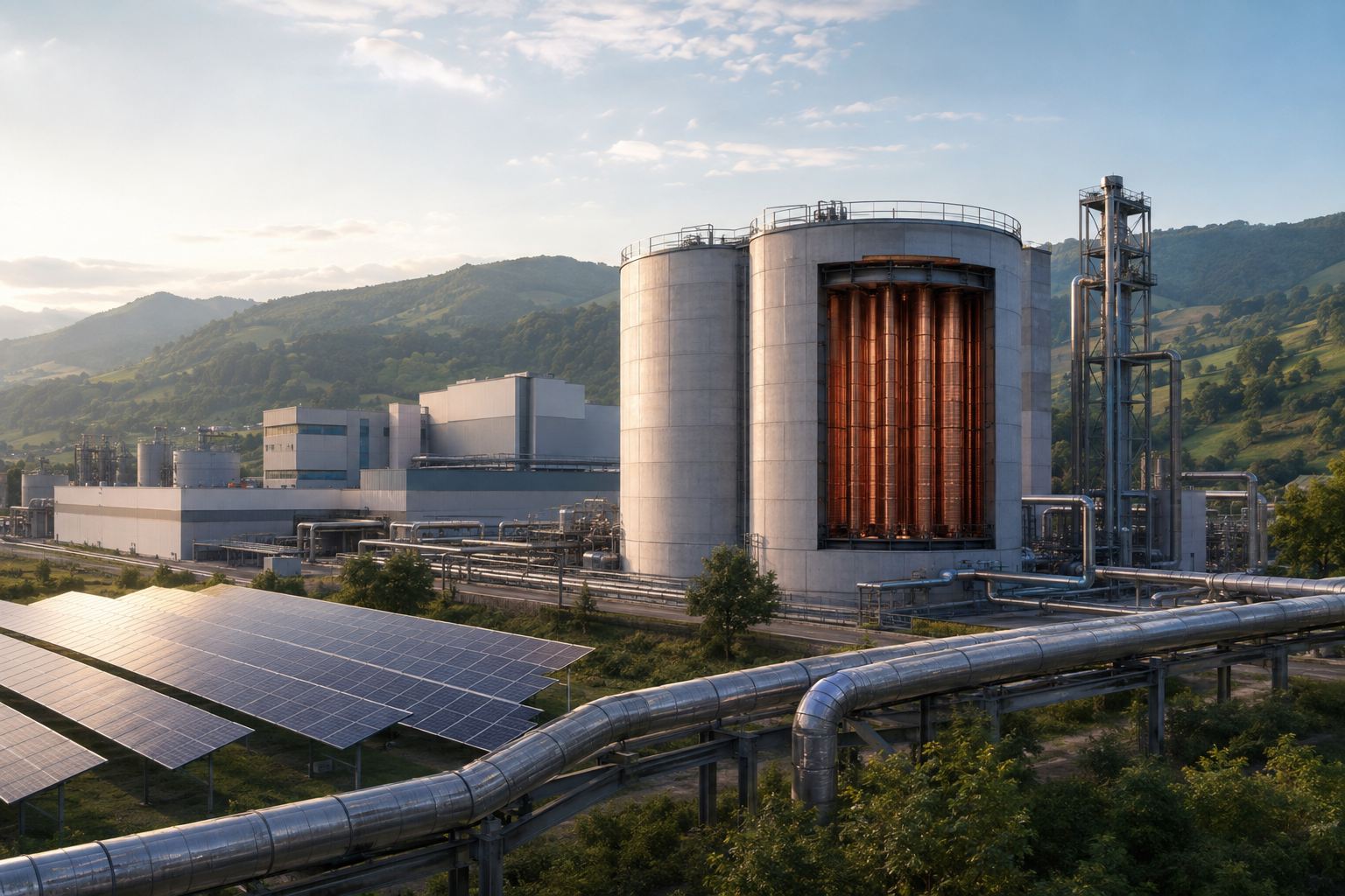 Ilustración editorial d’una planta industrial con enerxía solar y almacenamientu térmicu en Llangréu