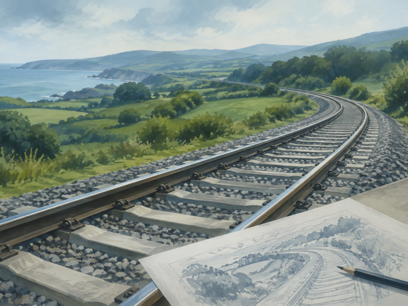 Ilustración editorial d’una vía de tren nun paisaxe verde, con un planu y un llapiceru.