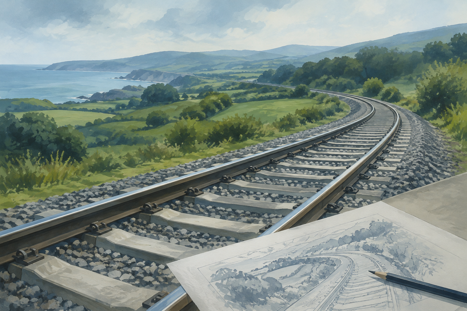 Ilustración editorial d’una vía de tren nun paisaxe verde, con un planu y un llapiceru.