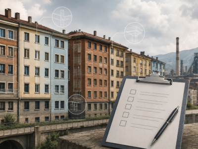 Ilustración editorial d’una técnica revisando un edificiu residencial antiguu n’Avilés