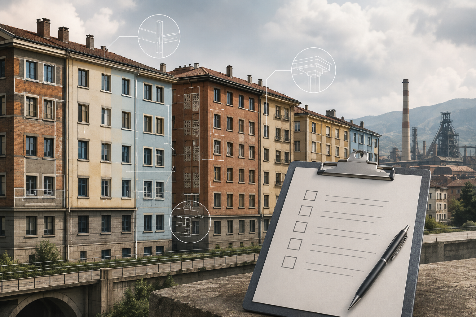 Ilustración editorial d’una técnica revisando un edificiu residencial antiguu n’Avilés