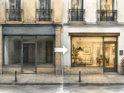 Ilustración d’un llocal comercial y una vivienda a nivel de cai