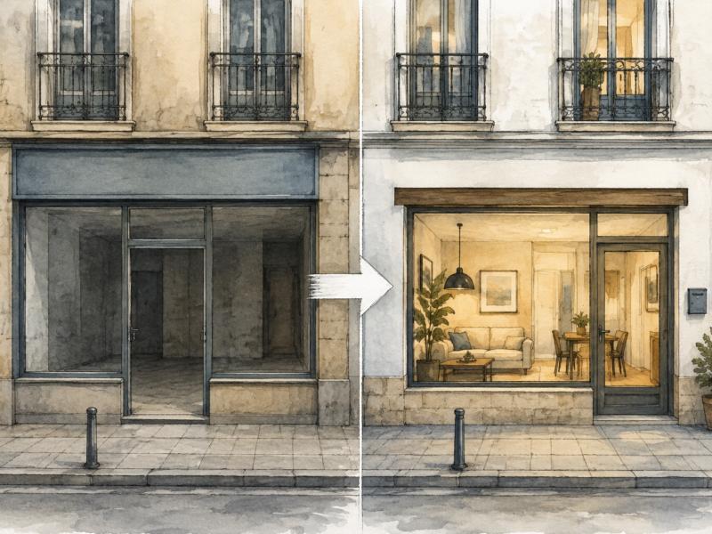 Ilustración d’un llocal comercial y una vivienda a nivel de cai