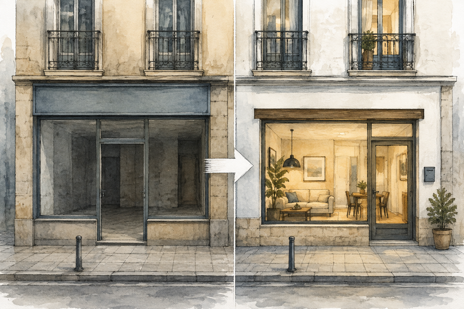 Ilustración d’un llocal comercial y una vivienda a nivel de cai