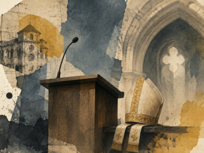Ilustración simbólica d’un atril con micrófonu y una mitra episcopal