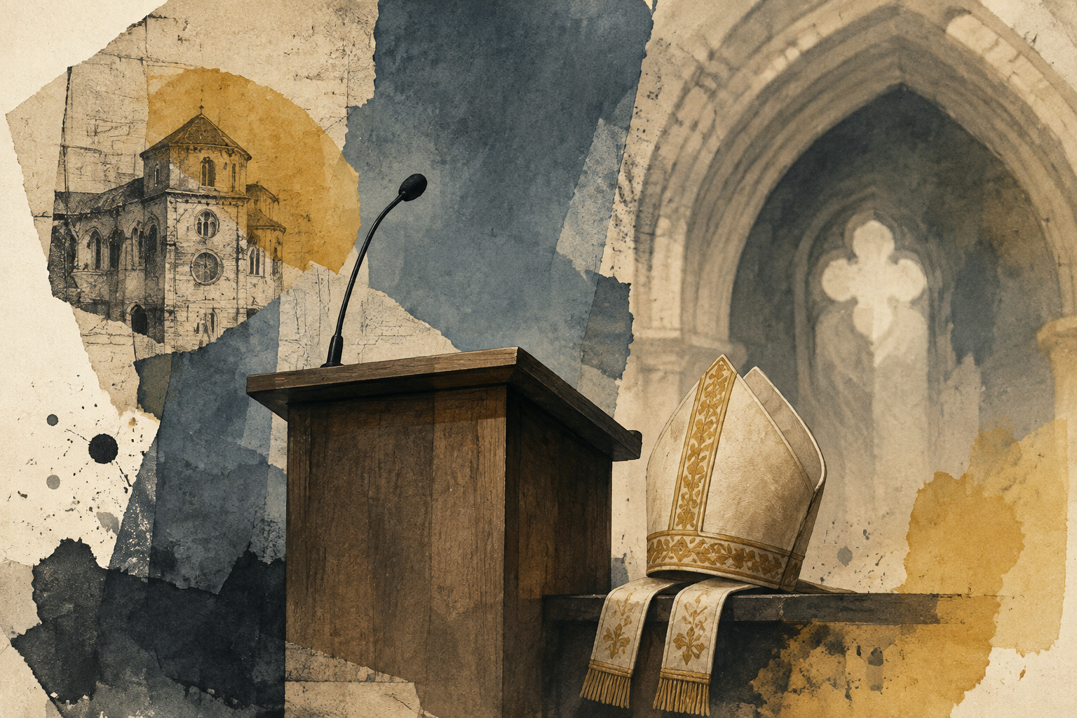 Ilustración simbólica d’un atril con micrófonu y una mitra episcopal