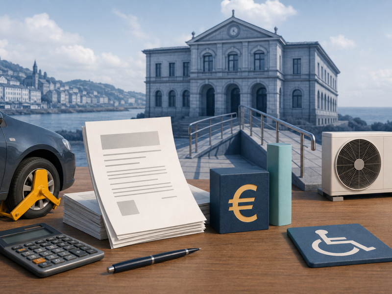 Ilustración editorial de trámites municipales, accesibilidá y enerxía nes ordenances fiscales de Xixón