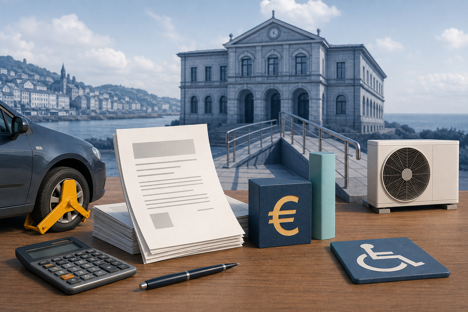 Ilustración editorial de trámites municipales, accesibilidá y enerxía nes ordenances fiscales de Xixón