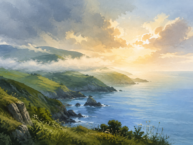 Ilustración editorial d’una costa verde con borrina y claros de sol sobre la mar.