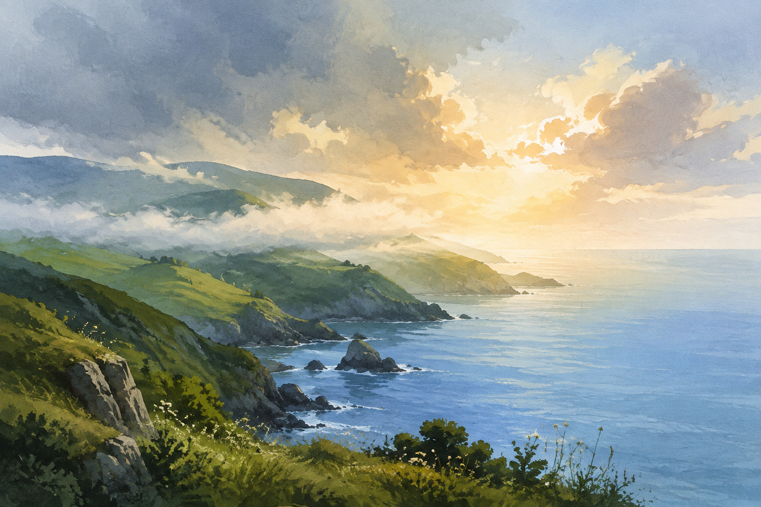 Ilustración editorial d’una costa verde con borrina y claros de sol sobre la mar.