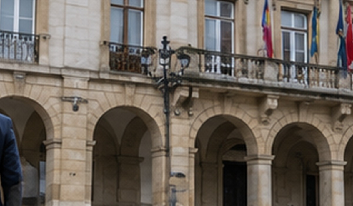 Persones llegando a un edificiu públicu, escena ficticia xenerada con IA