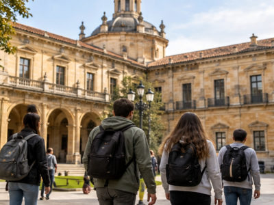 Estudiantes caminando per un campus universitariu. Imaxe ilustrativa xenerada con IA.