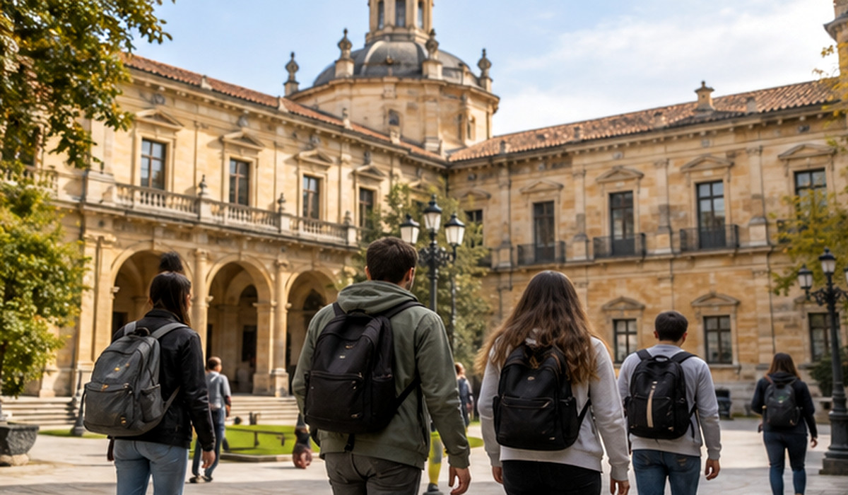 Estudiantes caminando per un campus universitariu. Imaxe ilustrativa xenerada con IA.