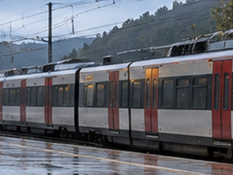 Tren de viaxeros nuna estación ficticia, illustración xenerada con IA