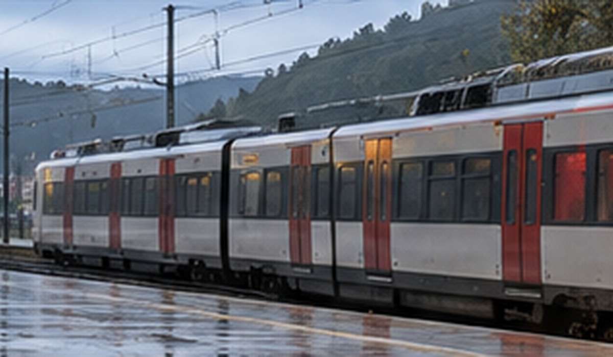 Tren de viaxeros nuna estación ficticia, illustración xenerada con IA