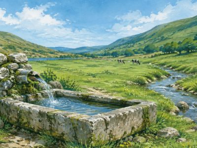 Ilustración editorial d’una pradería con vaques, un regueru y un bebederu de piedra nun paisaxe rural.