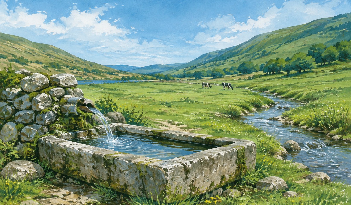Ilustración editorial d’una pradería con vaques, un regueru y un bebederu de piedra nun paisaxe rural.