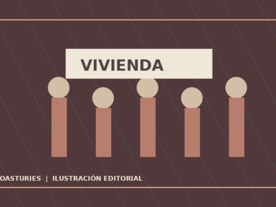 Ilustración editorial d’una movilización social con pancartes pola vivienda y los salarios