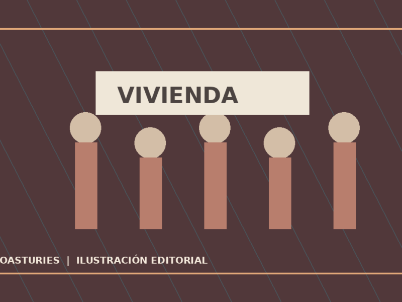 Ilustración editorial d’una movilización social con pancartes pola vivienda y los salarios